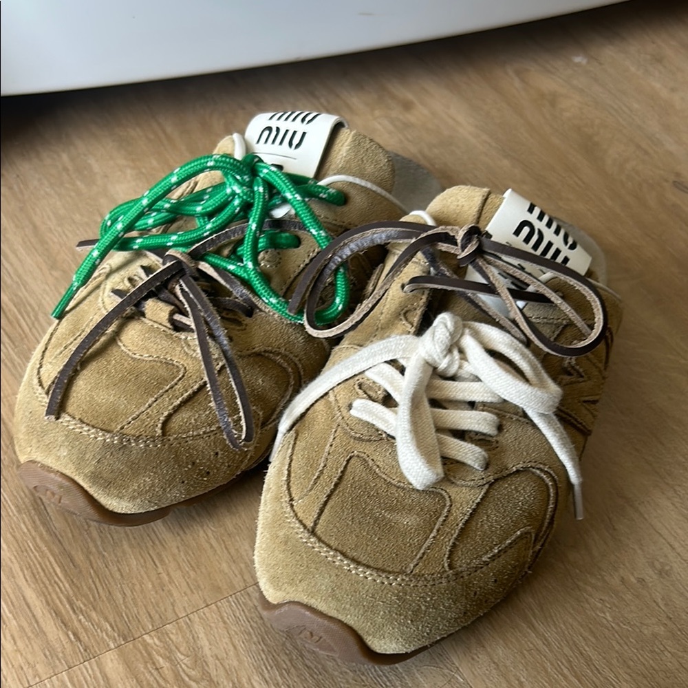 Miu Miu Tan Suede Mules with Mixed Laces